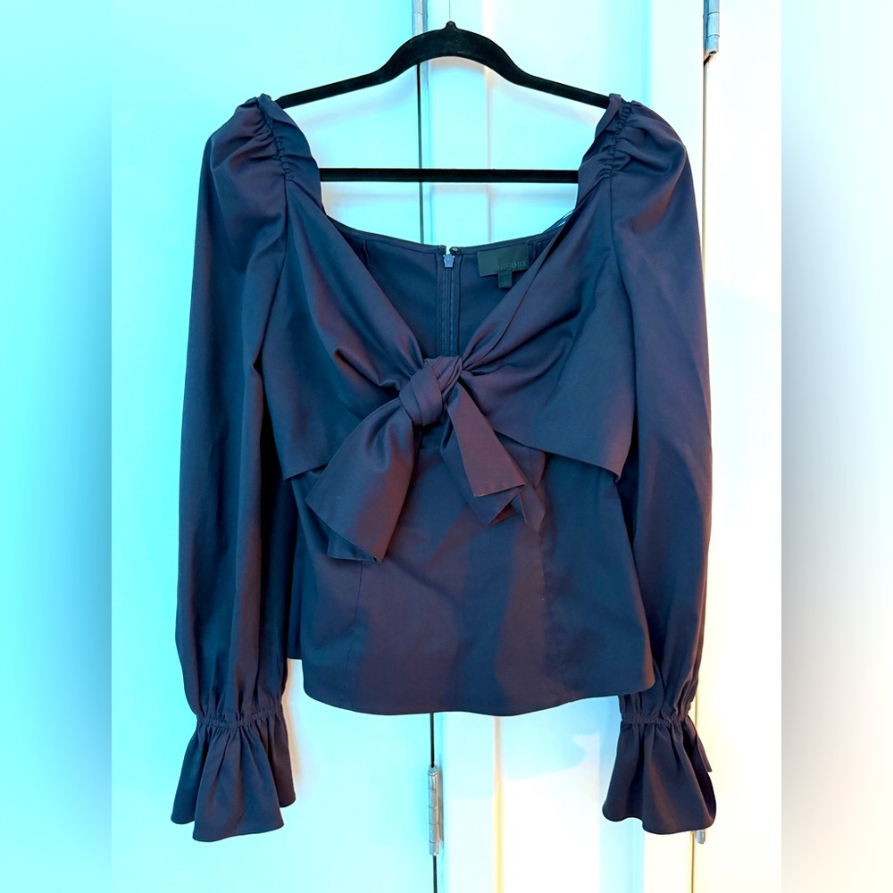 INTERMIX Navy Puff Sleeve Tie Front Stretch Cotton Blouse